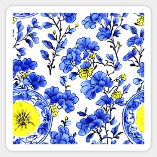 Blue, yellow and white floral chinoiserie pattern Sticker